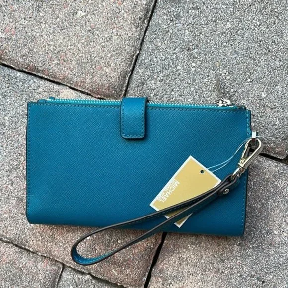 Michael Kors Large Double Zip Leather Wallet Wristlet Phone Case Lagoon - Picture 6 of 16